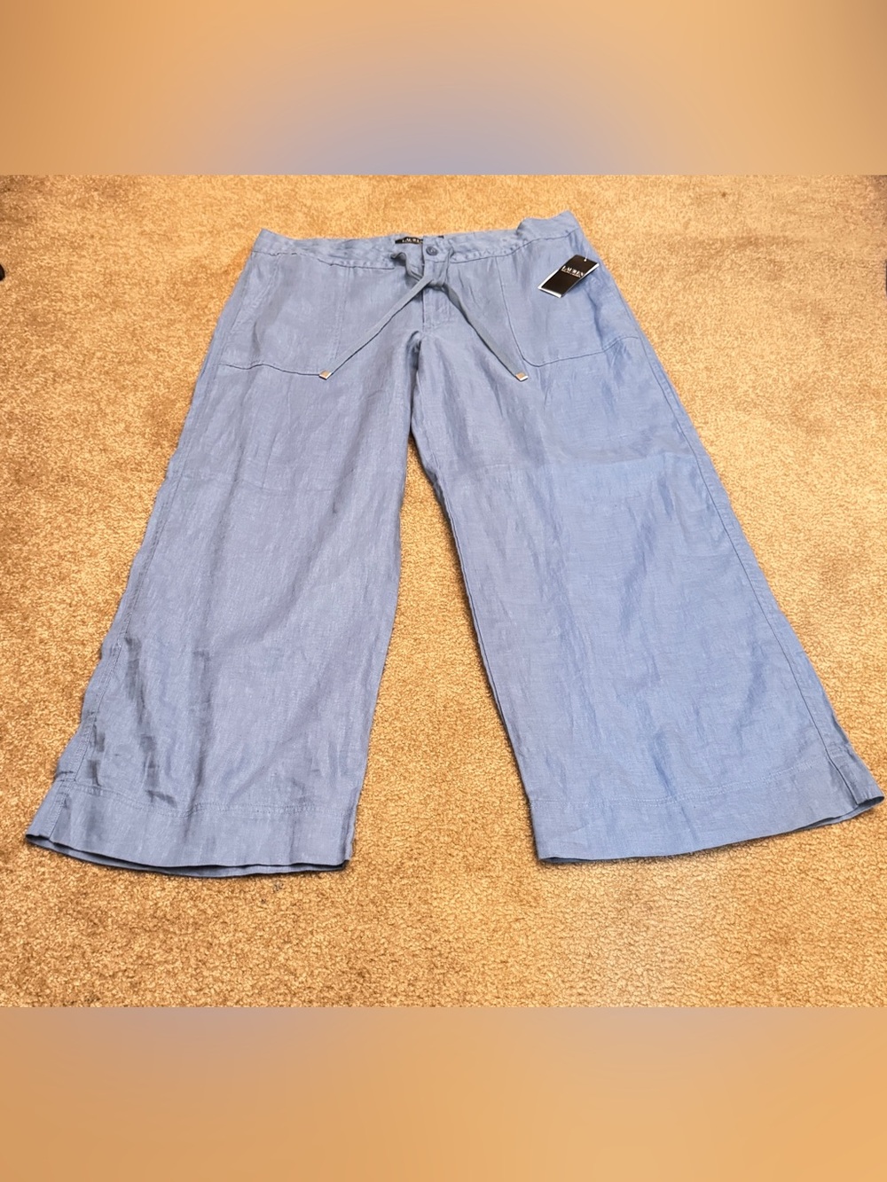 Lauren Ralph Lauren Women’s Blue Linen Drawstring Wide-Leg Pants 16